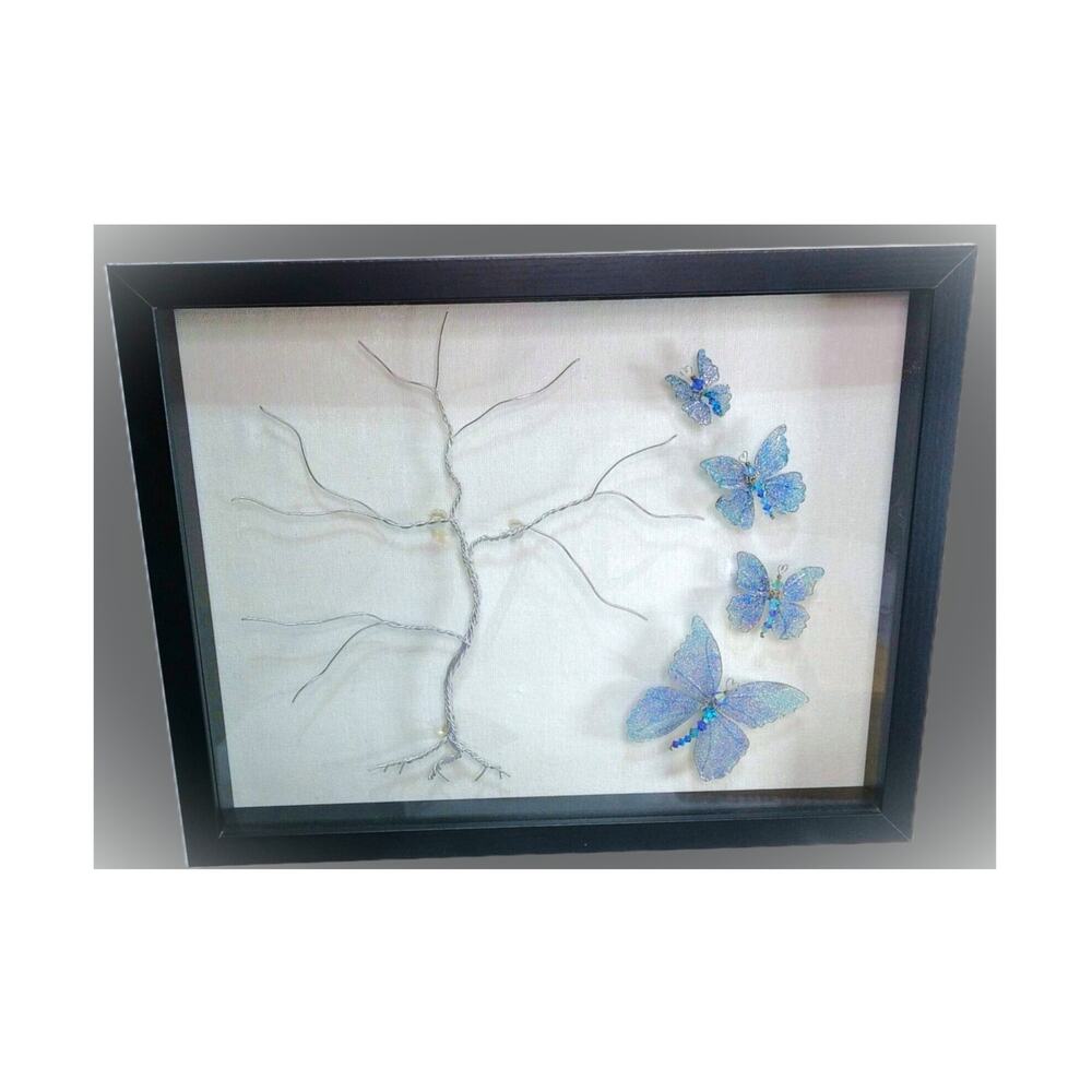 Artisan Whimsical Blue Butterflies Shadow Box Art Wire Tree Minimalist 15x12 NEW